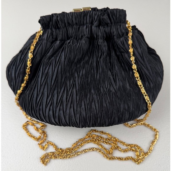 Handbags - Vintage Black Satin Pleated‎ Evening Bag Gold Chain Kiss Lock Clutch Pouch